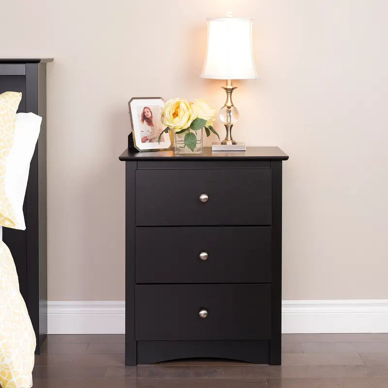 Prepac Sonoma 3-Drawer Nightstand, Black Finish, Brushed Nickel Knobs, Metal Glide Drawers