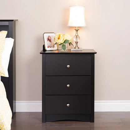 Prepac Sonoma 3-Drawer Nightstand, Black Finish, Brushed Nickel Knobs, Metal Glide Drawers