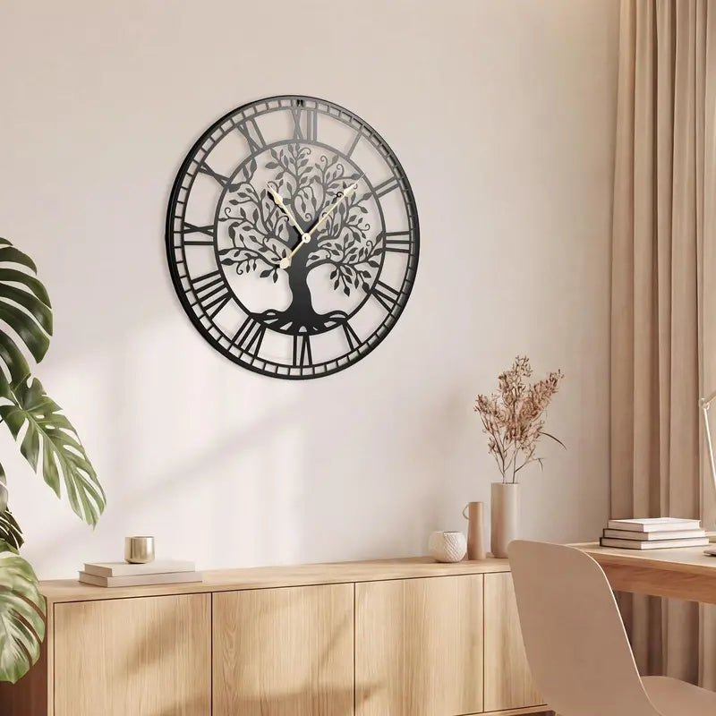 27-Inch Tree of Life-Themed Battery-Operated Metal Wall Clock with Elegant Finish