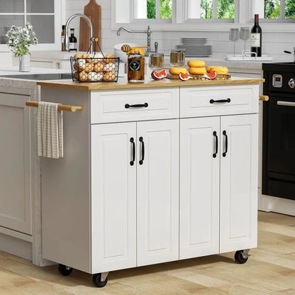 White Rolling Kitchen Island Cart with Storage — Wooden Countertop, 2 Drawers, 4 Cabinets, Towel Racks & Adjustable Shelves
