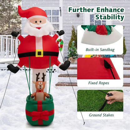 Tangkula 8FT Inflatable Christmas Santa Claus with Hot Air Balloon & Reindeer, LED Lights, Self-Inflating Outdoor Decor