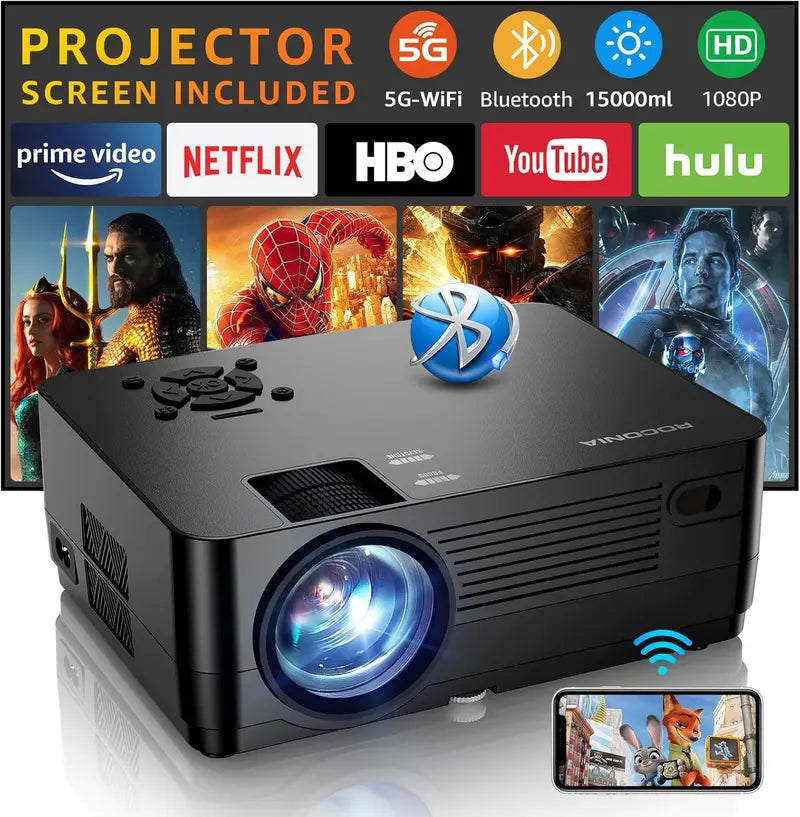 1080P Native Resolution Projector with 5G WiFi, Bluetooth, and Included Portable Projection Screen