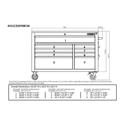 Heavy-Duty 52-Inch Mobile Workbench  9-Drawer Unit with Adjustable Solid Wood Top in Matte Blue Finish