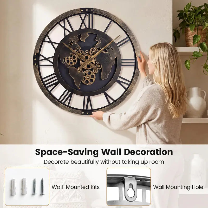 27-Inch Gear-Driven World Map Wall Clock  Silent, Decorative Metal Design with Rotating Gears