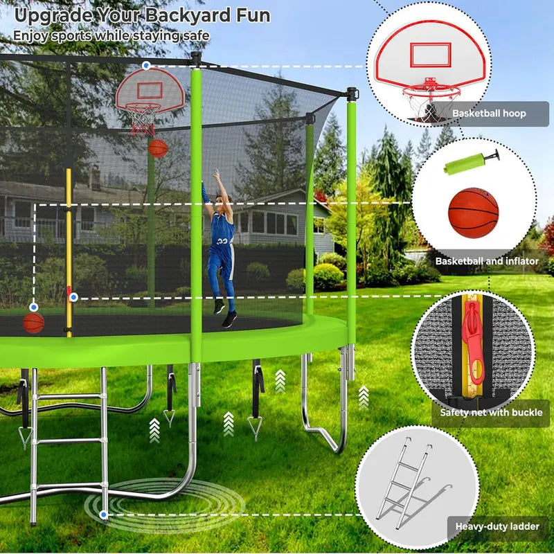 16-Foot Upgraded Trampoline with Enclosure Net and Adjustable Basketball Hoop