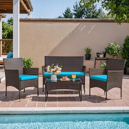 Homall 4-Piece Rattan Patio Chair Set  Blue | Indoor/Outdoor, Backyard, Porch, Garden, Poolside