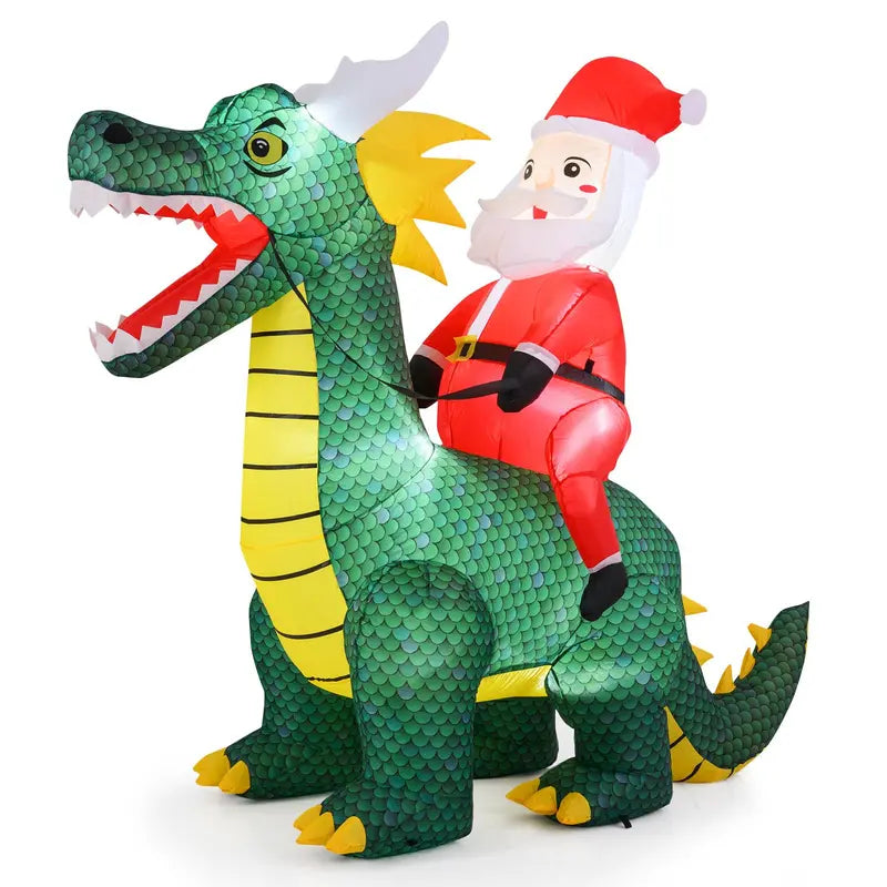 6.7-Foot Inflatable Santa on Dinosaur  Outdoor Holiday Decoration with Built-in Lights and Ground Stakes
