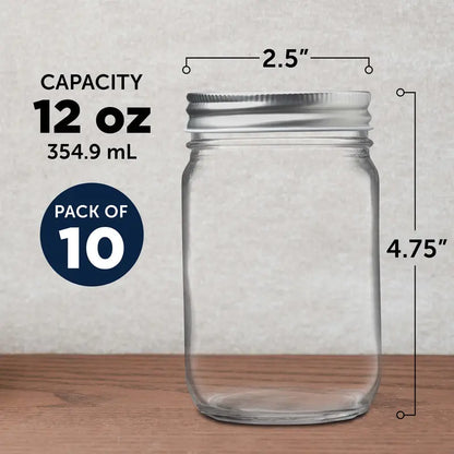 10 Decorating Mason Jars Set, 12 oz.  Canning, Aluminum Lid  Clear