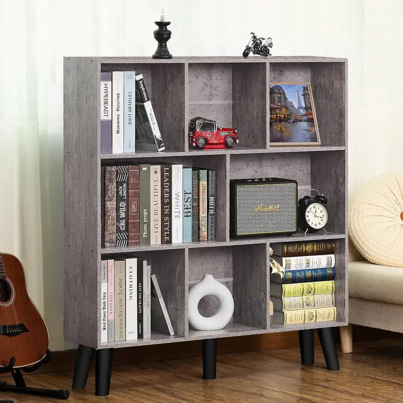 LEYAOYAO Natural Wood 7-Cube Bookshelf  Modern Open-Back Storage Unit with Solid Legs