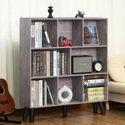 LEYAOYAO Natural Wood 7-Cube Bookshelf  Modern Open-Back Storage Unit with Solid Legs