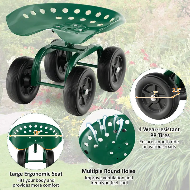 Wheeled Garden Utility Cart, Adjustable Swivel-Seat Cart for Lawn and Landscape Tasks
