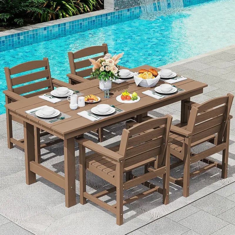 SERWALL 7-Piece Blue HDPE Outdoor Dining Set with Umbrella Hole and Stackable Chairs