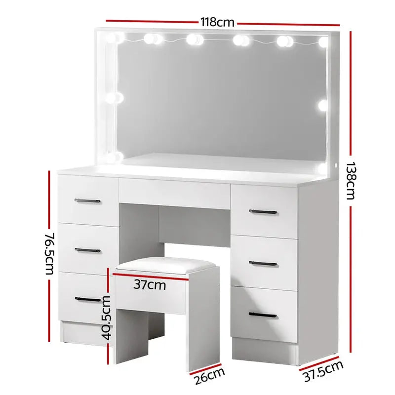 Artiss White Dressing Table Set  LED-Lit Vanity Mirror with Stool & 10 Bulbs
