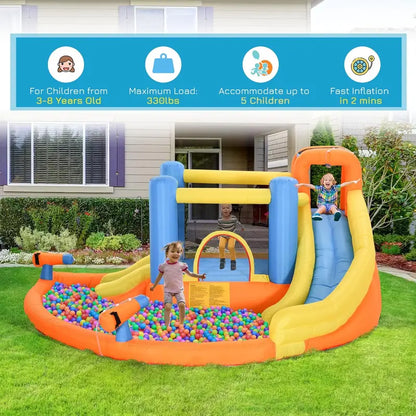 5-in-1 Inflatable Water Park for Kids — Slide, Bounce House, Climbing Walls, Dual Water Cannons & Splash Pool