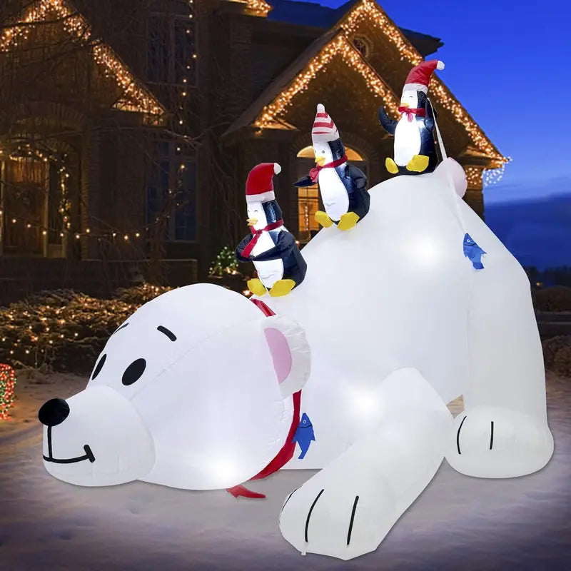 Juegoal 7.7ft Christmas Inflatable Polar Bear with Penguins, LED Lighted, Indoor Outdoor Holiday Decor