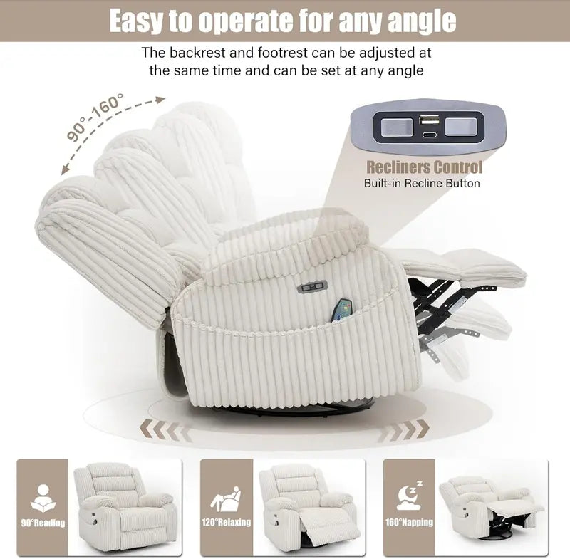 Electric Rotary Rocker Lounge Chair  Full-Function Massage, USB/C Charging Ports