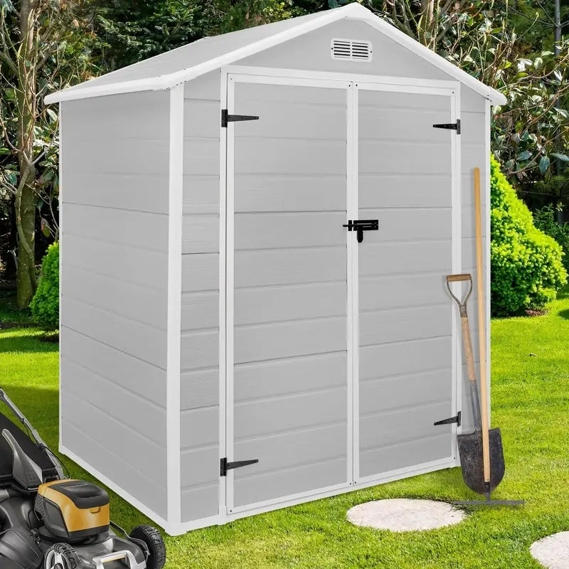All-Weather Resin Storage Shed  Spire-Style Outdoor Tool Shed (6’x4′, 6’x8′, 8’x6′, or 8’x10′) with Floor Included