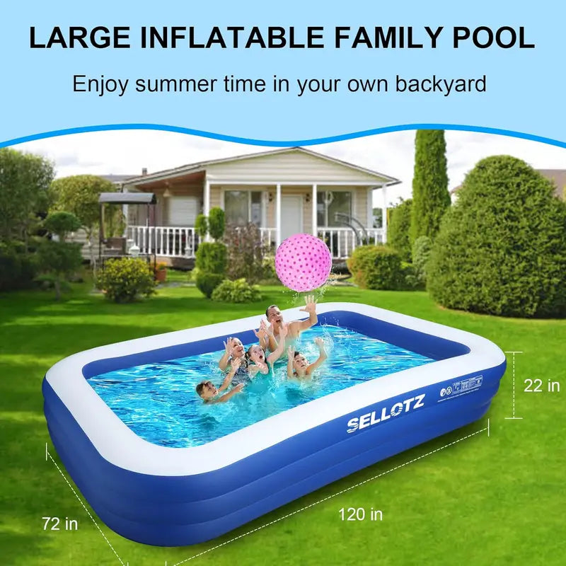 Extra-Large Family Inflatable Pool for Kids & Adults  120″ x 72″ x 22″, Heavy-Duty Backyard Swimming Pool for Summer Play