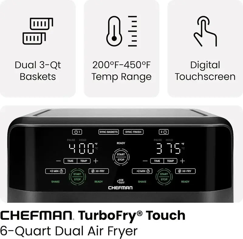 Chefman Dual-Basket Digital Air Fryer — 6-Quart Smart Sync Touchscreen with High-Performance Frying