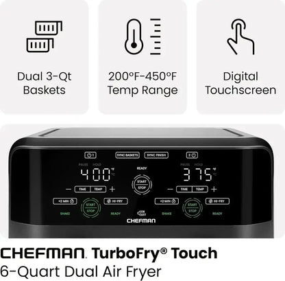 Chefman Dual-Basket Digital Air Fryer — 6-Quart Smart Sync Touchscreen with High-Performance Frying