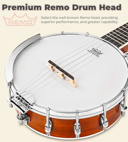 26-Inch Mini Travel Banjo for Beginners  Open-Back or Solid Closed-Back with Remo Head & Starter Kit Including Carry Bag