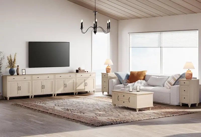 68-Inch Off-White Farmhouse Sideboard  Large Buffet Credenza with 4 Doors, 2 Drawers & Dining Room Style