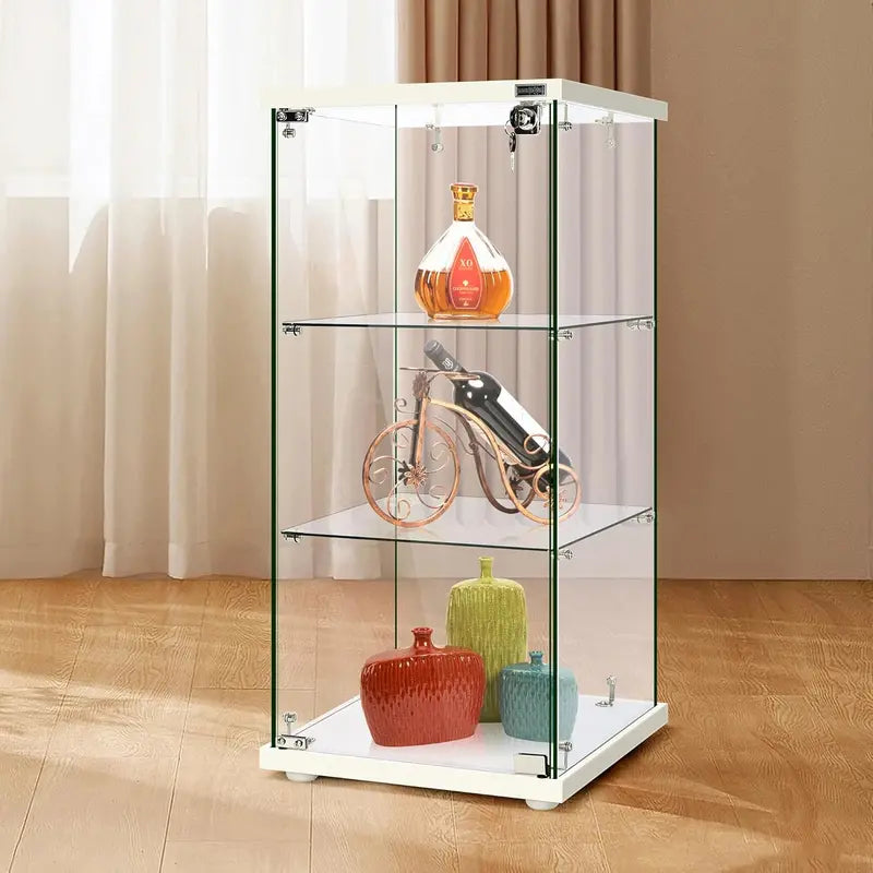 Countertop Glass Display Cabinet  4-Tier Tempered-Glass Showcase with Locking Door & MDF Base