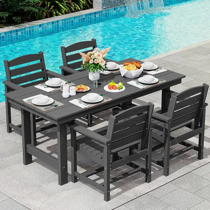 SERWALL 7-Piece Blue HDPE Outdoor Dining Set with Umbrella Hole and Stackable Chairs