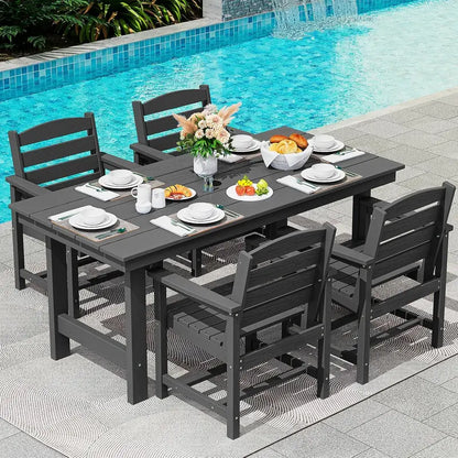 SERWALL 7-Piece Blue HDPE Outdoor Dining Set with Umbrella Hole and Stackable Chairs