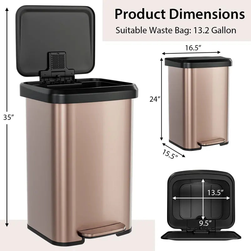 13-Gallon Stainless Steel Trash Can  Soft-Close Lid, Foot Pedal & Odor Control