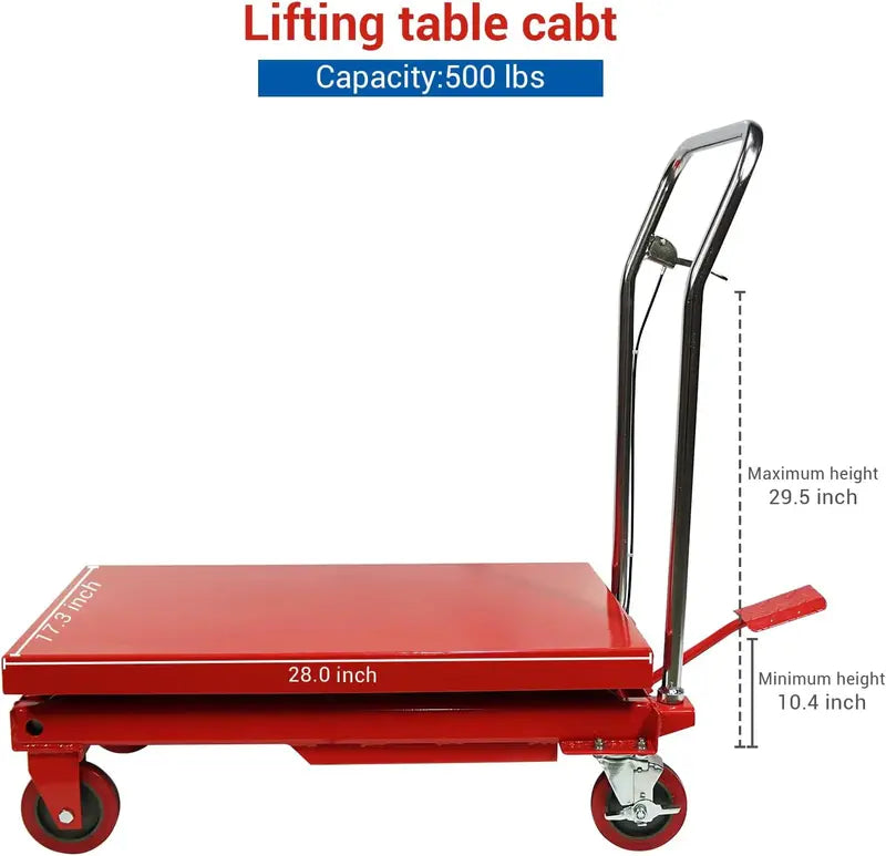 Heavy-Duty Hydraulic Lift Table Cart  500 lb Capacity, 30″ Lift Range, Dual Scissor Design with Casters