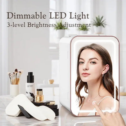 6L Skincare Mini Fridge with Dimmable LED Mirror  Compact Dual-Zone Cooler & Warmer for Cosmetics, Bedroom, or Office