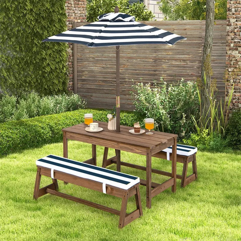 Adjustable Outdoor Kids’ Picnic Table Set with Cushioned Benches and Tilt-Height Umbrella
