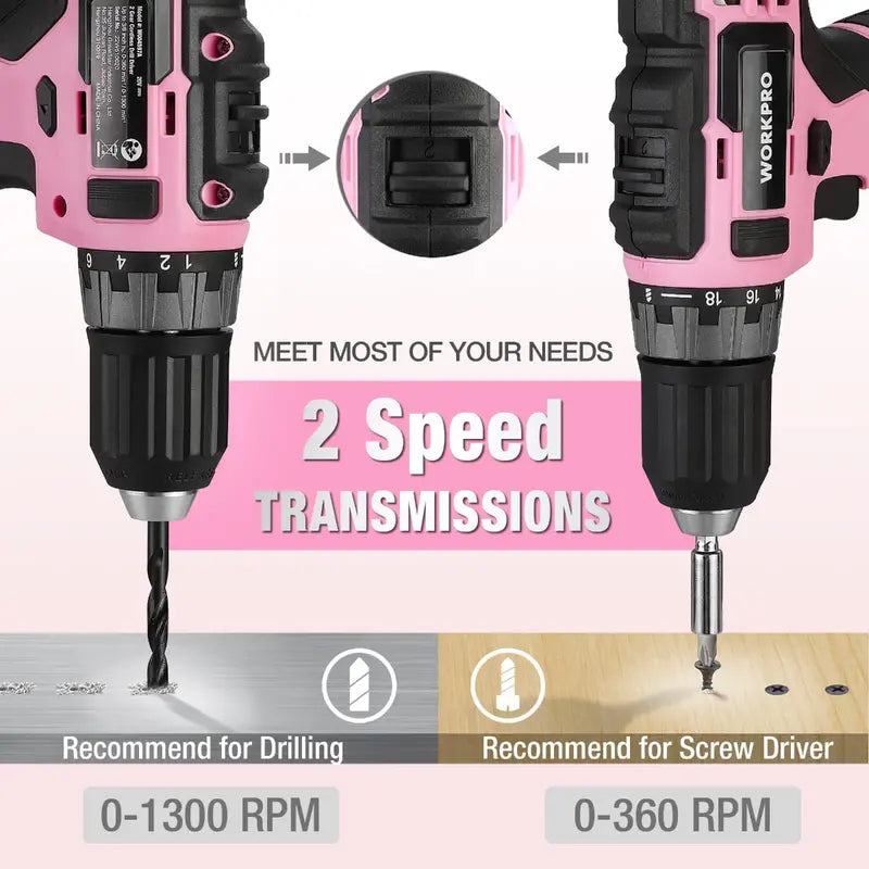 WORKPRO 20V Pink Cordless Drill Driver + 141-Piece Home Tool Kit  Pink Ribbon Bundle