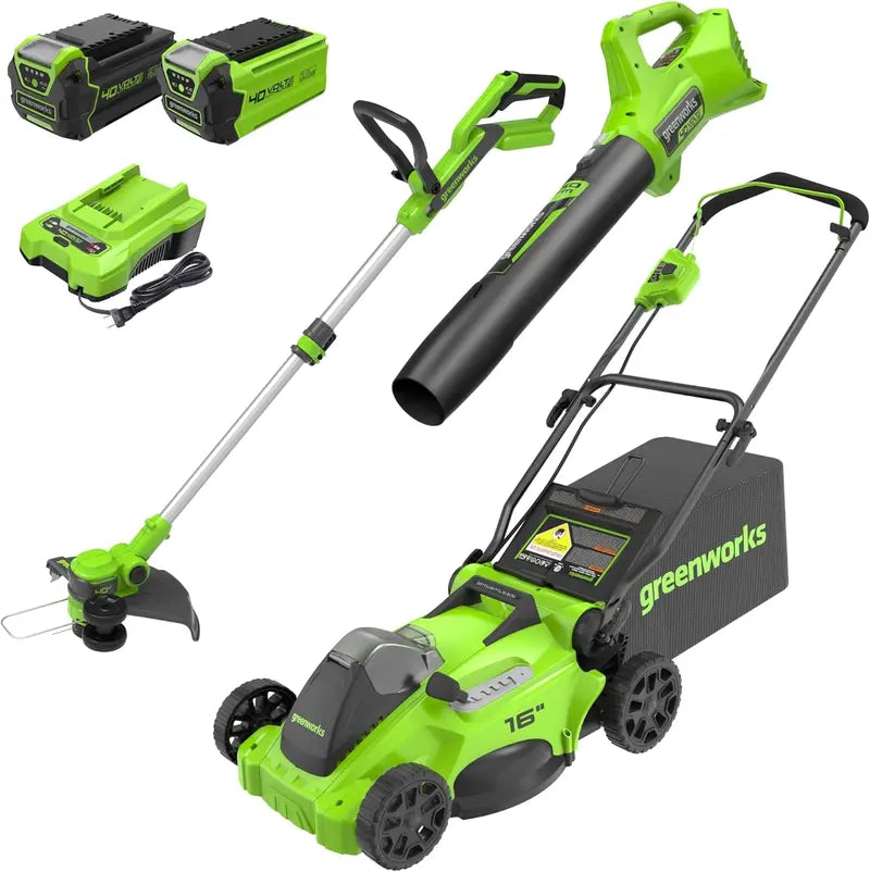 Greenworks 40V 16″ Brushless Cordless Mower + Blower + Trimmer Kit