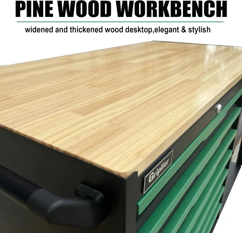 46.8″ Wide 14-Drawer Rolling Tool Chest with Integrated Wood Workbench and Heavy-Duty Brake Casters
