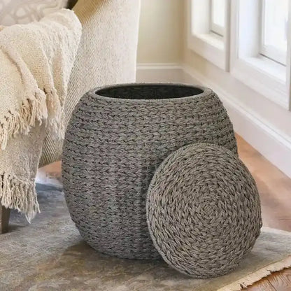 Household Essentials Handwoven Wicker Storage Basket  Barrel-Style Side Table (17″L x 17″W x 19″H)