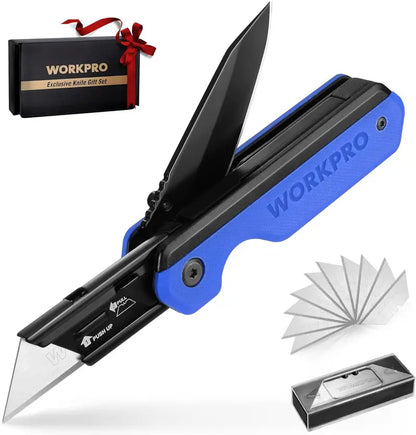 WORKPRO 2-in-1 Folding Utility Knife  Quick-Change Box Cutter with G10 Handle & 10 Blades