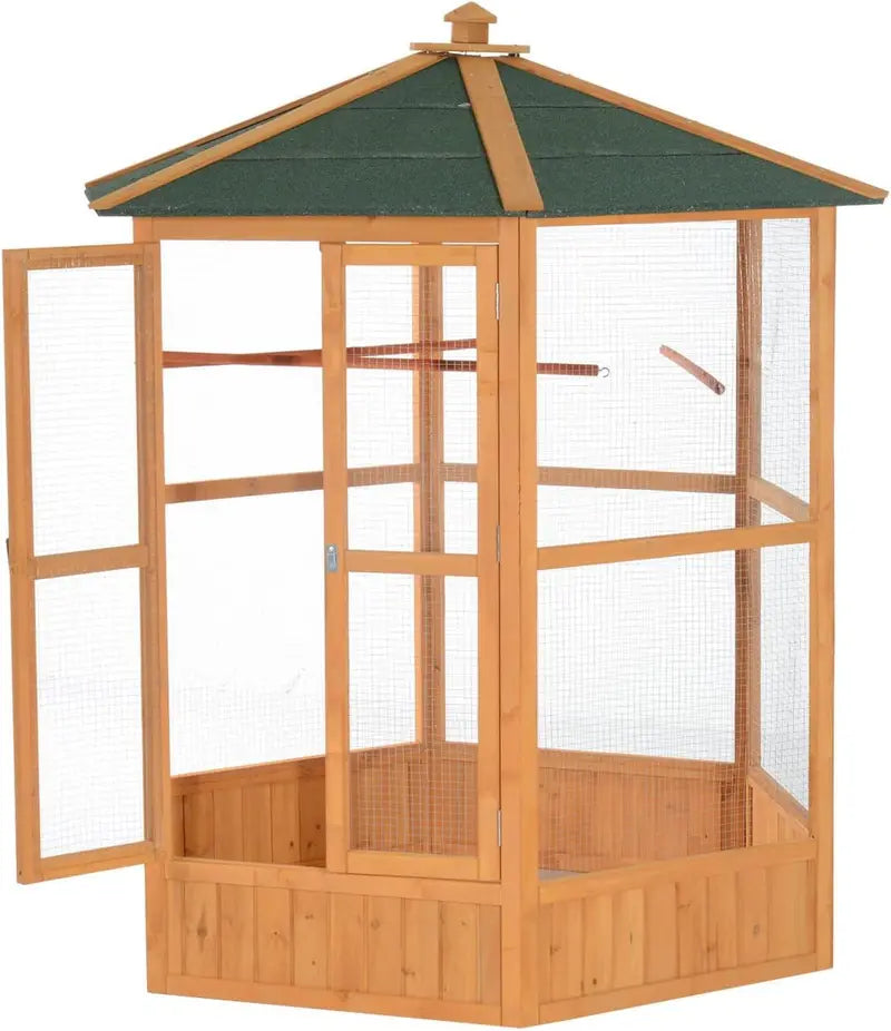 Hexagonal Wooden Outdoor Aviary Bird Cage with Covered Roof  Large