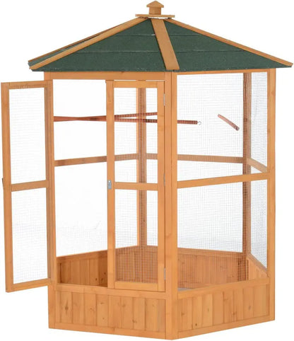 Hexagonal Wooden Outdoor Aviary Bird Cage with Covered Roof  Large