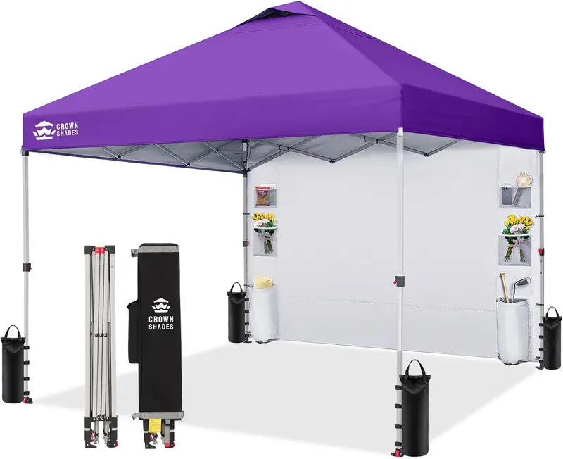 CROWN SHADES 10′ x 10′ Pop-Up Canopy: One-Touch Setup with Center-Lock Mechanism, Integrated Sidewall Pockets, and Portable Beach or Camping Shelter