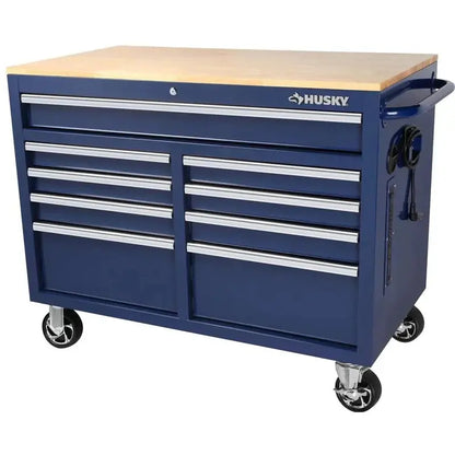 Mobile Workbench with 9 Drawers  Hardwood Work Surface, Integrated Power Outlet, High-Gloss Black Finish (117 x 62 cm)