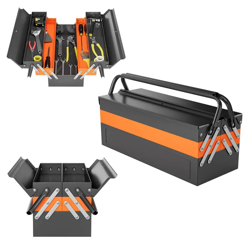 22-Inch 3-Tier Folding Metal Tool Box with 5 Removable Trays & Lockable Handle