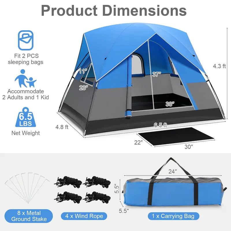 2-3 Person Waterproof Dome Camping Tent with Removable Rainfly and Windproof Design