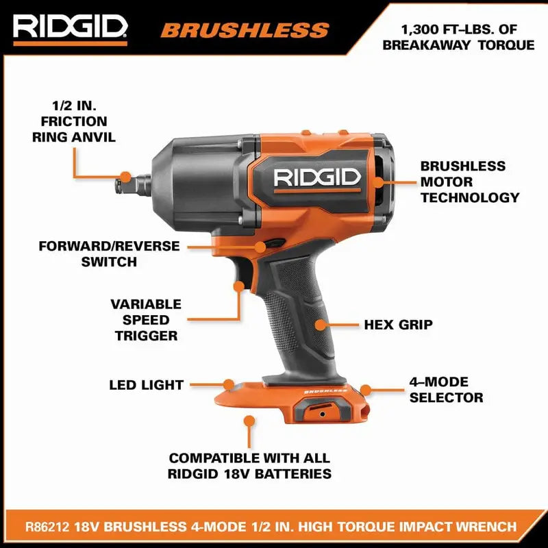 RIDGID 18V Brushless Cordless 4-Mode 1/2 in. High-Torque Impact Wrench with (2) 4.0 Ah Batteries, Charger, and Bag R86212B-AC93044SBN