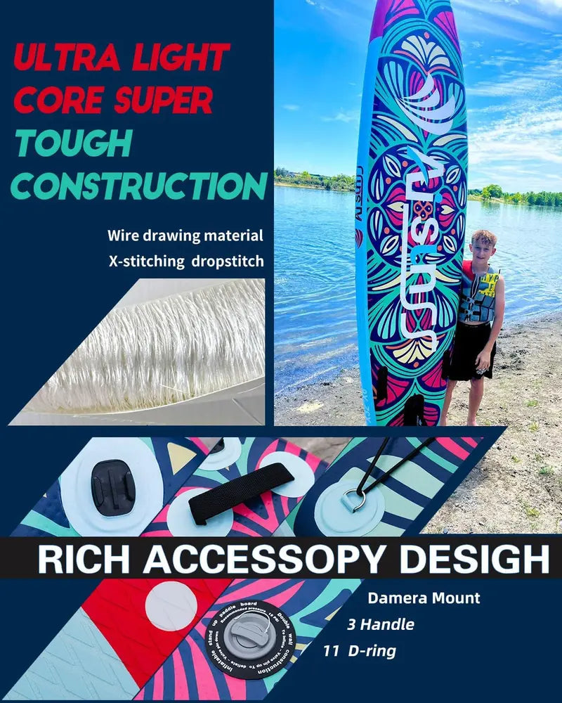 Wide Inflatable SUP Board Bundle  Comes with Carry Bag, Hand Pump, 10L Dry Bag & Height-Adjustable Paddle