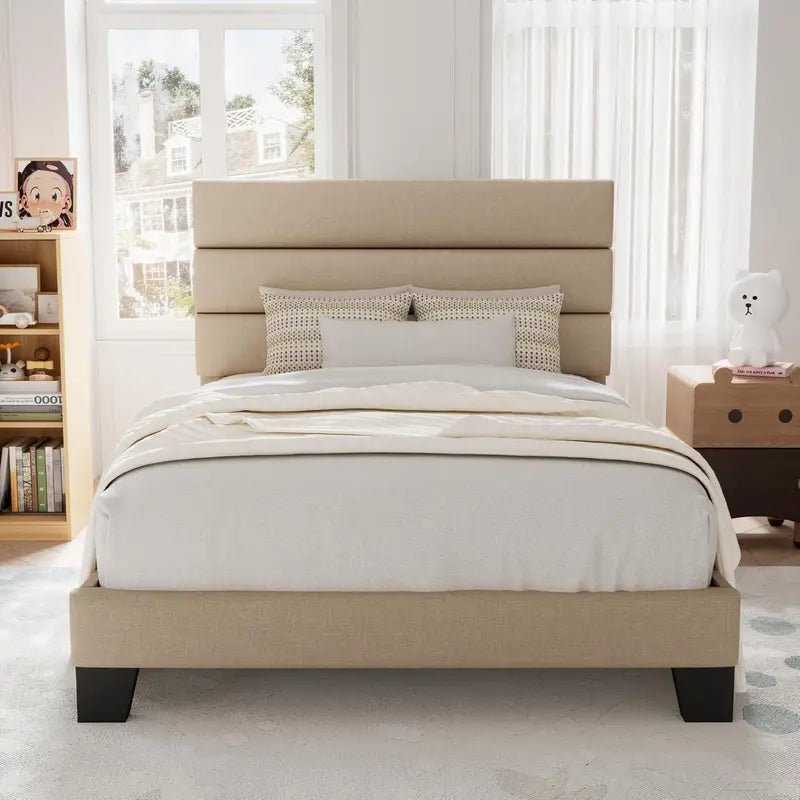 Allewie King Platform Bed Frame  Velvet-Upholstered Headboard with Solid Wood Slats