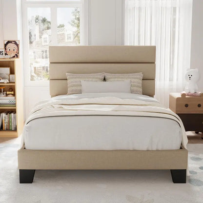 Allewie King Platform Bed Frame  Velvet-Upholstered Headboard with Solid Wood Slats