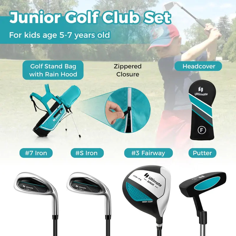 Junior Right-Handed Golf Club Set for Kids Including Stand Bag & Weatherproof Rain Hood