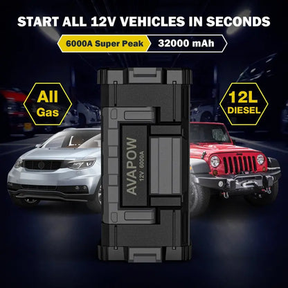 AVAPOW 6000A Peak Amp Jump Starter  12V Portable Booster for Gas & Diesel Vehicles, LED Light, Dual USB